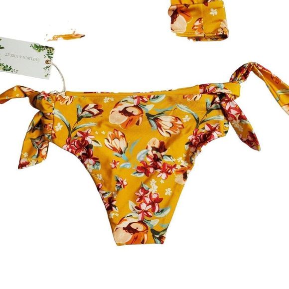 Chelsea & Violet Floral 2 Piece Swimsuit Size xs Bikini Top Side Tie Hipster - Picture 6 of 11
